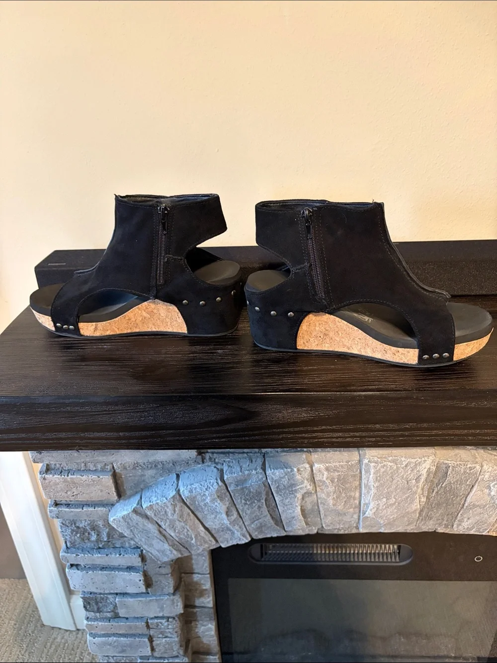 Black Fringe Cork Wedge Sandals